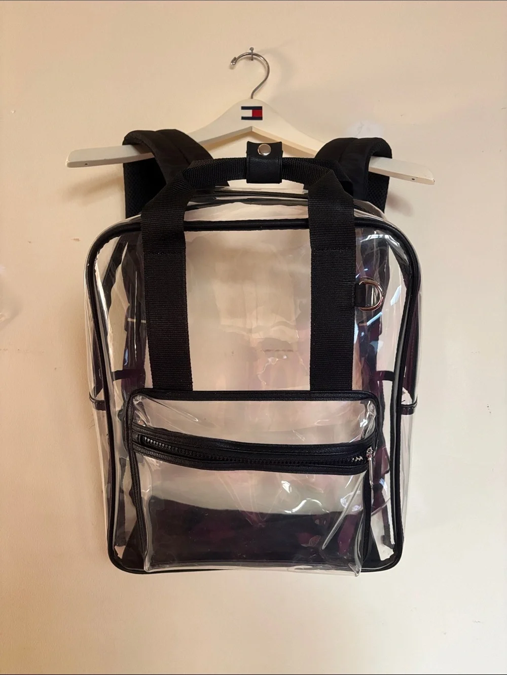 Clear plastic backpack book bag black adjustable straps tote